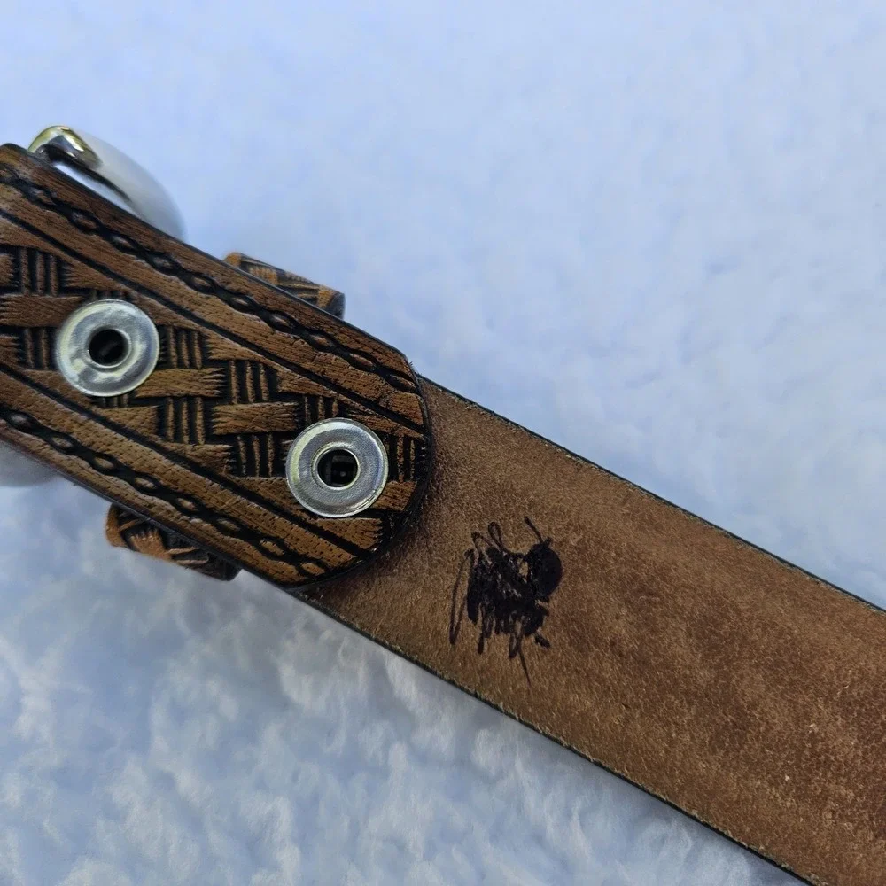 C.L. Belt Mens Small Brown Basketweave Western Tooled Leather Silver Buckle 9700